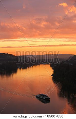 Cruise on Vltava II.
A ship floats down the Vltava river in Prague.