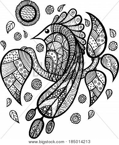 Bird peacock on branch with leaves and flowers zen doodle hand drawn coloring page