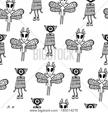 Ufo alien seamless pattern. Hand drawn coloring page for kids and adult. Vector background art.