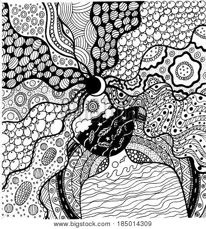 Coloring vector page with surreal girl for International Mother Earth Day 22 April