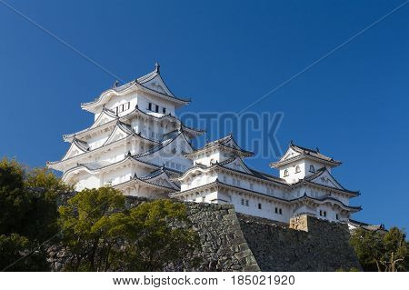 Himeji castle against clear blue sky background Kansai Japan historic landmark background