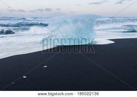 Ice breaking from icebergs on black sand beach Iceland winter season landscape