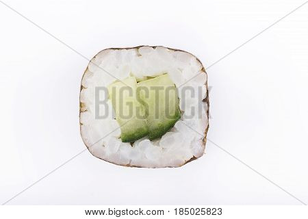 Traditional Fresh Japanese Sushi Rolls On A White Background. Roll With Cucumber And Avocado.