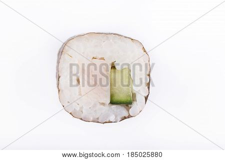 Traditional Fresh Japanese Sushi Rolls On A White Background. Roll With Cucumber And Chicken