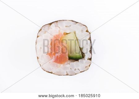 Traditional Fresh Japanese Sushi Rolls On A White Background. Roll With Cucumber And Salmon