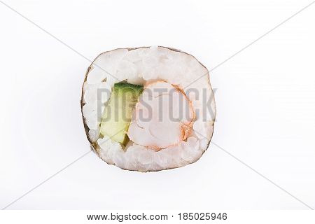 Traditional Fresh Japanese Sushi Rolls On A White Background. Roll With Cucumber And Shrimp