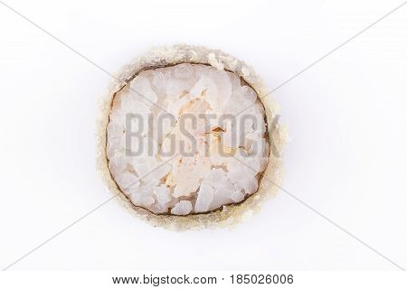 Roasted Sushi Roll With Chicken. Japanese Food. Hot Roll With A Crisp Crusty On A White Background.