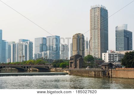 Chengdu Jinjiang River With Skyscrapers In The Background In Day