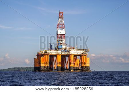 Labuan,Malaysia-May 1,2017:Offshore oil rig drilling platform in Labuan island,Malaysia on 1st May 2017.It is a large structure with facilities to drill wells,to extract & process oil & natural gas.