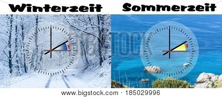 Illustration of winter time to summer time. Caption in German 