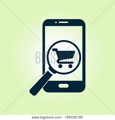Glass searching for shoping on smart phone. Online shoping icon.
