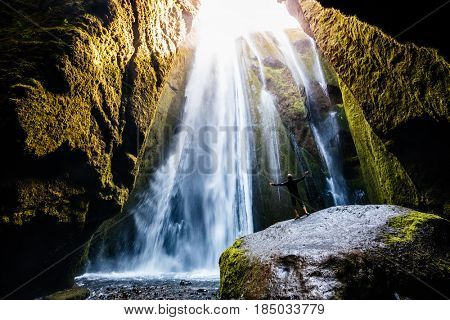 Perfect view of famous powerful Gljufrabui cascade in sunlight. Dramatic and gorgeous scene. Unique place on earth. Location place Iceland, sightseeing Europe. Explore the world's beauty and wildlife