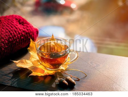 Autumn Still Life: Tea on maple leaves on a wooden table near the window. The sun's rays on a cup of brewed tea. Cup of hot tea on a sunny day on a window background. Autumn tea