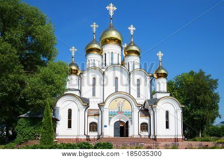 The modern St. Nicholas Cathedral in St. Nicholas' Convent on a sunny July day. Golden ring of Russia. Pereslavl Zalesky