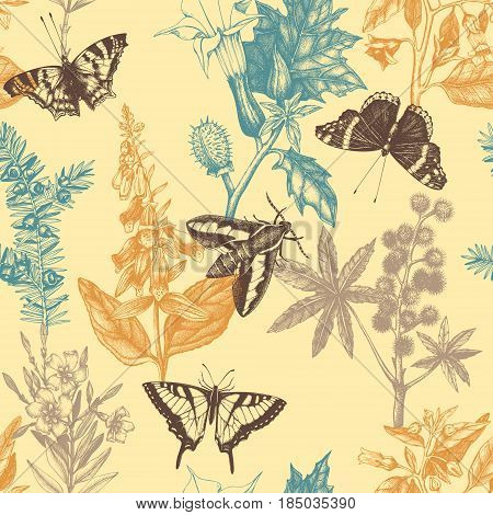 Vector seamless pattern with hand drawn poisonous plants and butterflies.