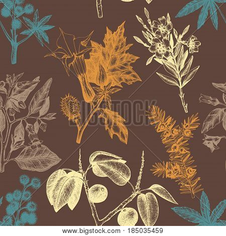 Vector seamless pattern with colorful hand drawn poisonous plants.