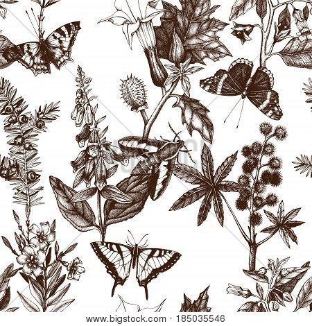 Vector seamless pattern with hand drawn poisonous plants and butterflies.