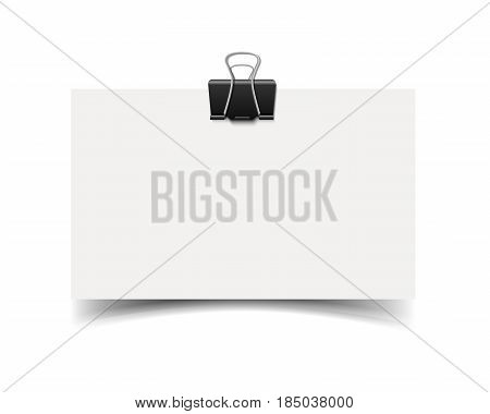 Blank white business cards with paper clip and soft shadow isolated on white background. White paper card. Realistic vector illustration of paper piece with space for information