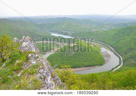 Panoramic view on meanders of Morava river from Ovcar, Serbia. Beautiful view on valley from mountain