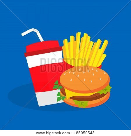 French Fries, Burger And Soda. Fast Food, Flat Design.