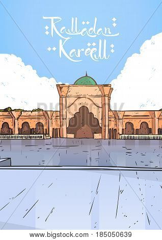 Nabawi Mosque Building Muslim Religion Ramadan Kareem Holy Month Vector Illustration