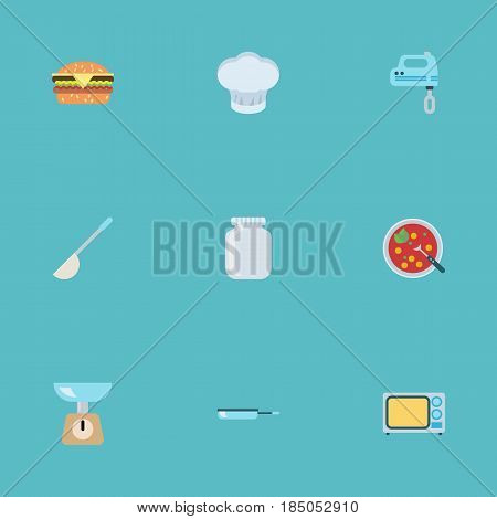 Flat Glass Container, Broth, Skillet And Other Vector Elements. Set Of Food Flat Symbols Also Includes Can, Broth, Microwave Objects.