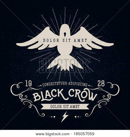 Vintage thin line raven label. Crow symbol. Retro vector design graphic element, badge, emblem, logo, insignia, sign, identity, poster. Stroke hipster illustration with typographic for t-shirt prints.
