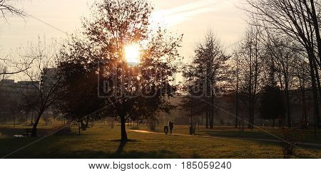 Happy and calm life in a natural park, countryside at sunset. People having fun and walk outdoors. Concepts of family, healthy lifestyles and happiness.