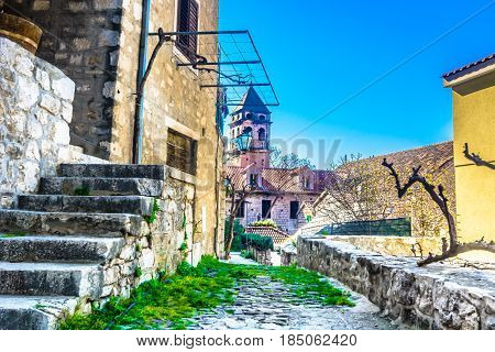 Old stone architecture in medieval small town in suburb of town Split, Omis scenery.