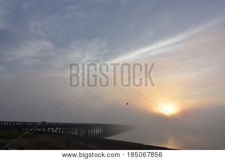 Beautiful look at Duxbury's Powder Point Bridge in the fog at sunrise.