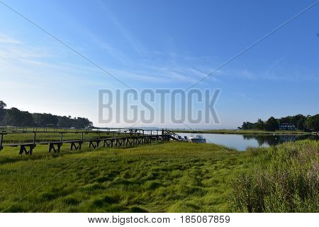 Beautiful wooden walkway out to Duxbury Bay in Massachusetts.