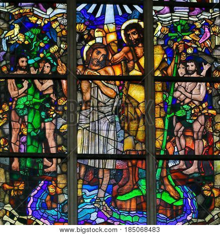 Stained Glass - Baptism Of Jesus By Saint John The Baptist