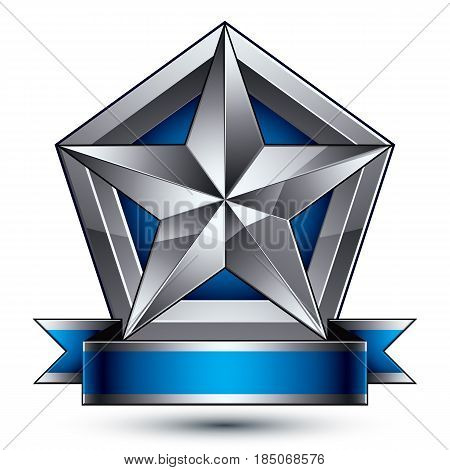 Heraldic Vector Template With Five-pointed Silver Star, Dimensional Royal Geometric Medallion With B