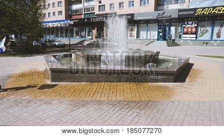 Kursk, Russia - May 1, 2017: a beautiful fountain in the city center.Lenina st