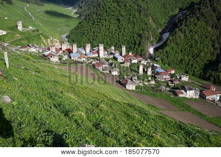 Adishi village view  in Caucasus mountains Georgia