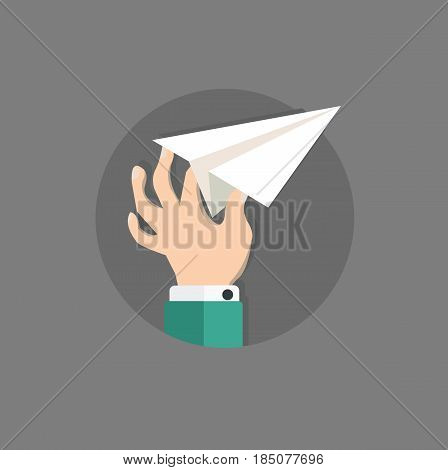 Flat hand and paper airplane. Concept illustration. Vector stock.