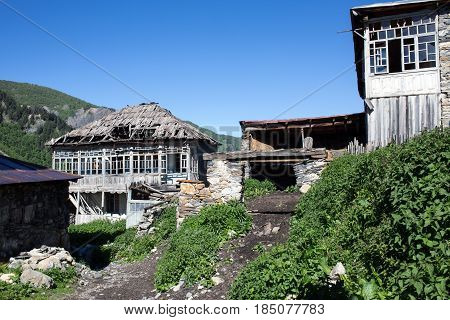 Adishi village traditional buildings in Caucasus mountains Georgia