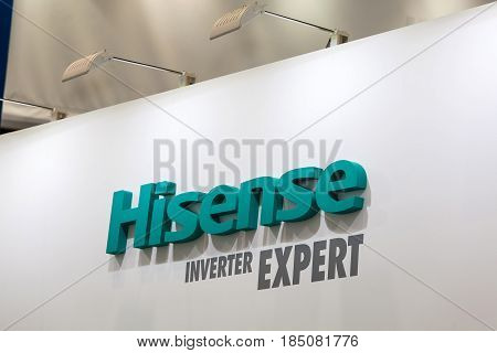 Moscow, Russia - April, 2017: Logo sign of Hisense company. Hisense Co is a Chinese multinational white goods and electronics manufacturer