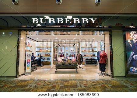 SINGAPORE - CIRCA SEPTEMBER, 2016: Burberry store at Singapore Changi Airport. Burberry Group, Inc., is a British luxury fashion house.