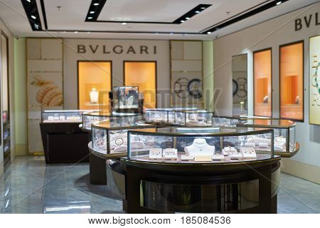 SINGAPORE - CIRCA SEPTEMBER, 2016: Bulgari store at Singapore Changi Airport. Changi Airport is one of the largest transportation hubs in Southeast Asia.