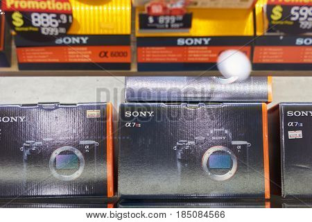 SINGAPORE - CIRCA SEPTEMBER, 2016: Sony cameras on display at a store at Singapore Changi Airport. Changi Airport is one of the largest transportation hubs in Southeast Asia.