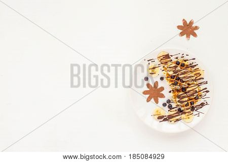 Breakfast With Pate Of Belgian Waffles With Fresh Fruit, Chocolate, Banana, Berry, Blueberries, On W