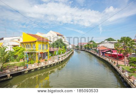 MALACCA, MALAYSIA - AUGUST 13: Landscape of Malacca city along Melaka river on August 13, 2016 in Malacca Malaysia. Malacca has been listed as a UNESCO World Heritage Site since 7 July 2008.