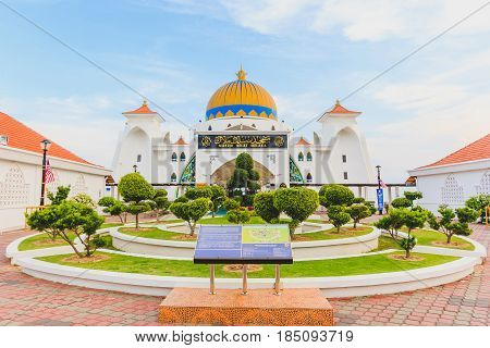 MALACCA, MALAYSIA - AUGUST 12, 2016:Melaka Strait Mosque (Masjid Selat) Malacca Malaysia taken during blue sky