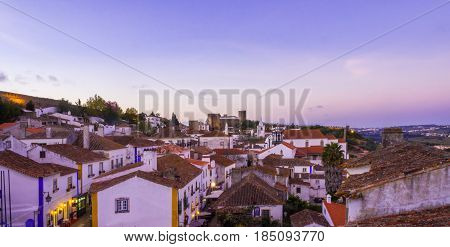 OBIDOS PORTUGAL - APRIL 03 2017: Cityscape of Obidos Portuga by night.