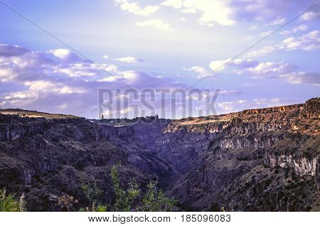 Sunset with purplish skyautumn evening over gorge Kasakh river in the mountains of Armenia