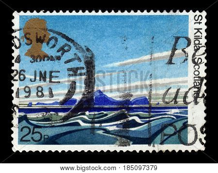 UNITED KINGDOM - CIRCA 1981: A stamp printed in Great Britain shows archipelago St Kilda, Scotland, 50th anniversary of the National Trust for Scotland - Britis, circa 1981