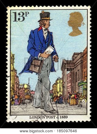 UNITED KINGDOM - CIRCA 1979: A stamp printed in Great Britain shows london postman, London post 1839, series Sir Rowland Hill, death centenary, circa 1979