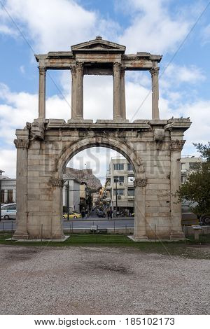 ATHENS, GREECE - JANUARY 20 2017:  Amazing view of Arch of Hadrian in Athens, Attica, Greece