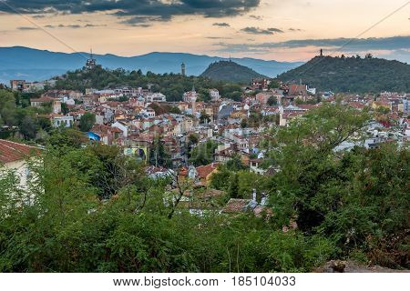 PLOVDIV, BULGARIA - SEPTEMBER 2 2016:  Sunset view of city of Plovdiv from Nebet tepe hill, Bulgaria